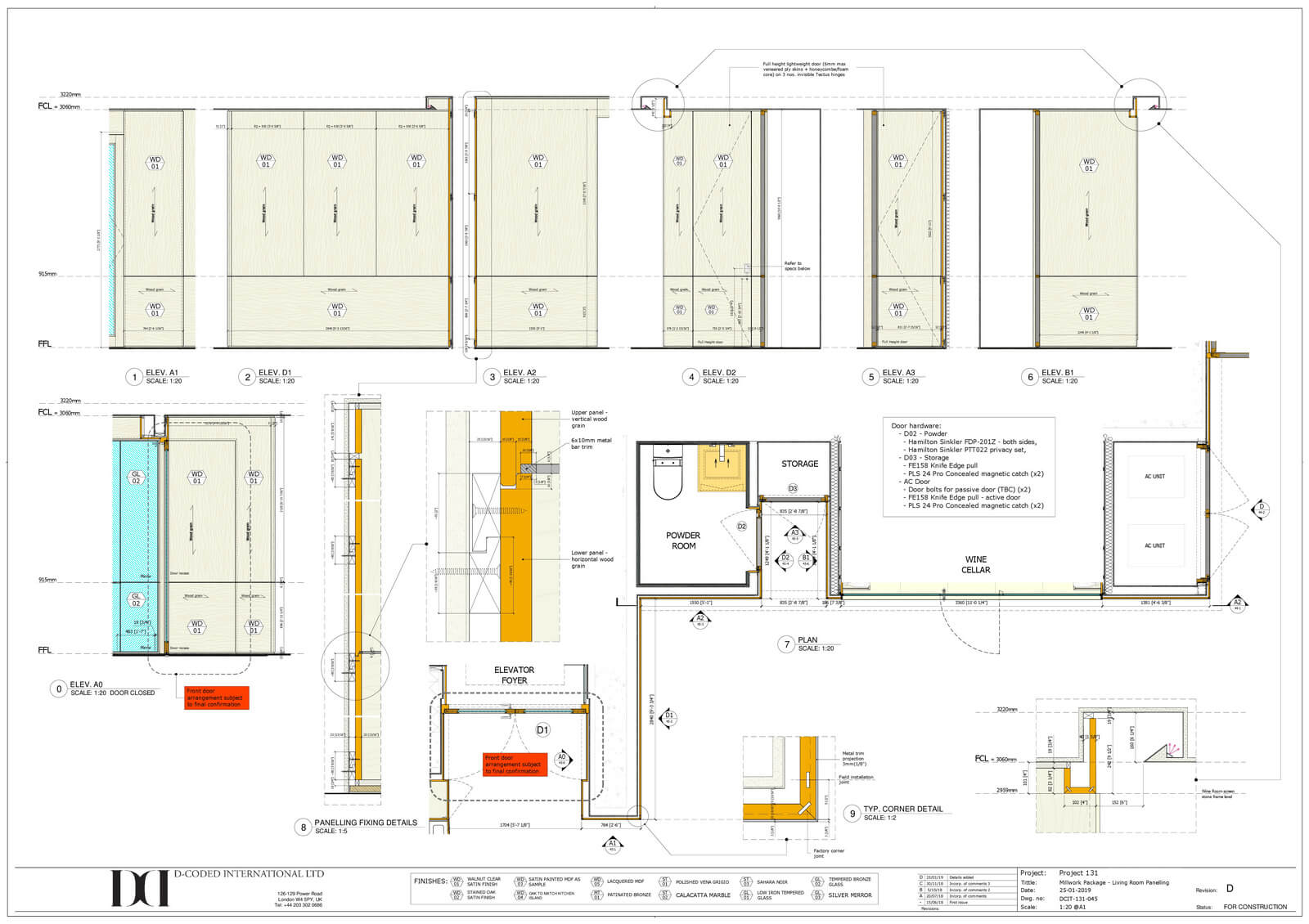 Detailed architectural plan showcasing living room and wine cellar millwork designs, including elevations, sections, and storage details, emphasizing DeCoded International's Group custom craftsmanship.