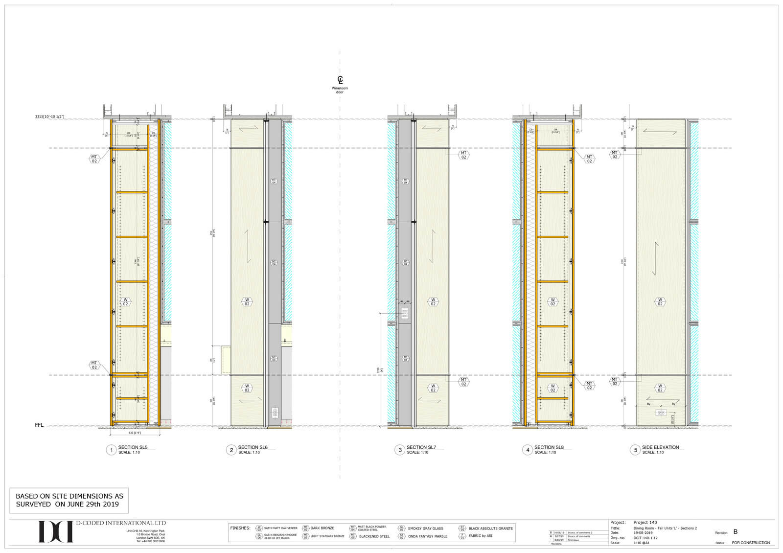 Detailed architectural drawing of wine room sections, showcasing tall units and design specifications for custom millwork by DeCoded International Group, emphasizing precision and craftsmanship.
