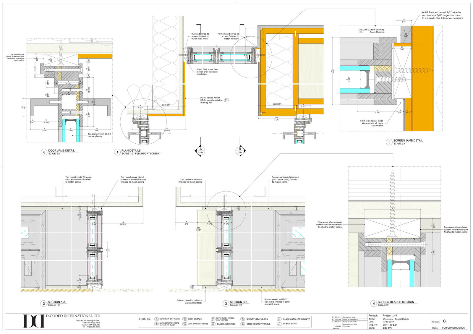 Detailed architectural drawing of wine room millwork, showcasing door jamb and screen details, section views, and precise measurements, reflecting DeCoded International Group craftsmanship in high-end custom millwork.