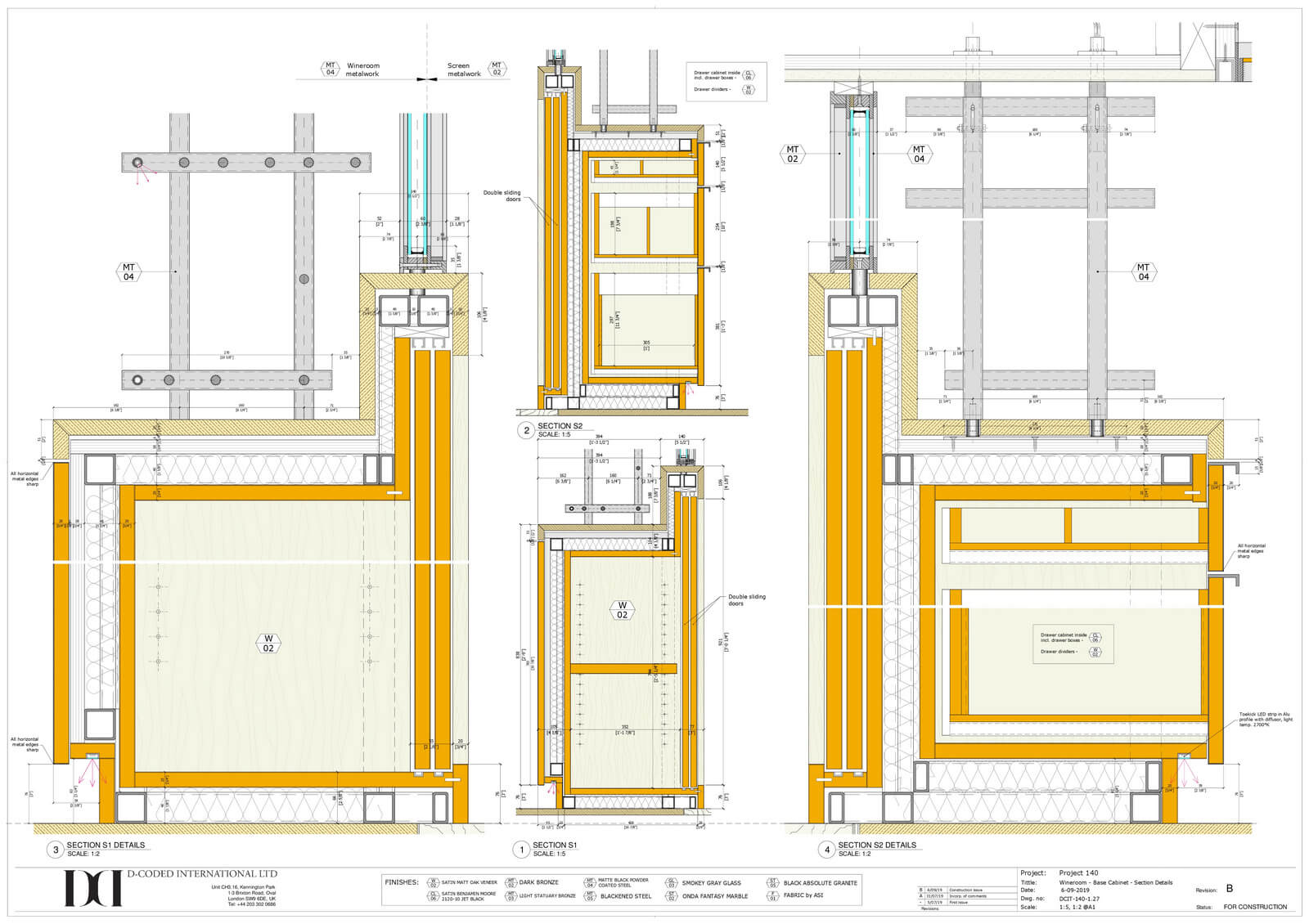 Base cabinet section details for wine room, featuring precise architectural drawings with measurements, materials, and finishes, highlighting DeCoded International Group custom millwork expertise.
