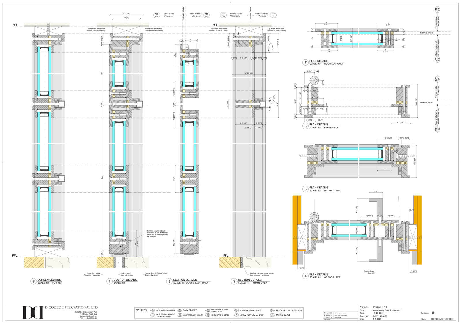 Detailed architectural drawing of door specifications for a wine room, showcasing section and elevation views, dimensions, and material notes, highlighting precision in custom millwork by DeCoded International Group.