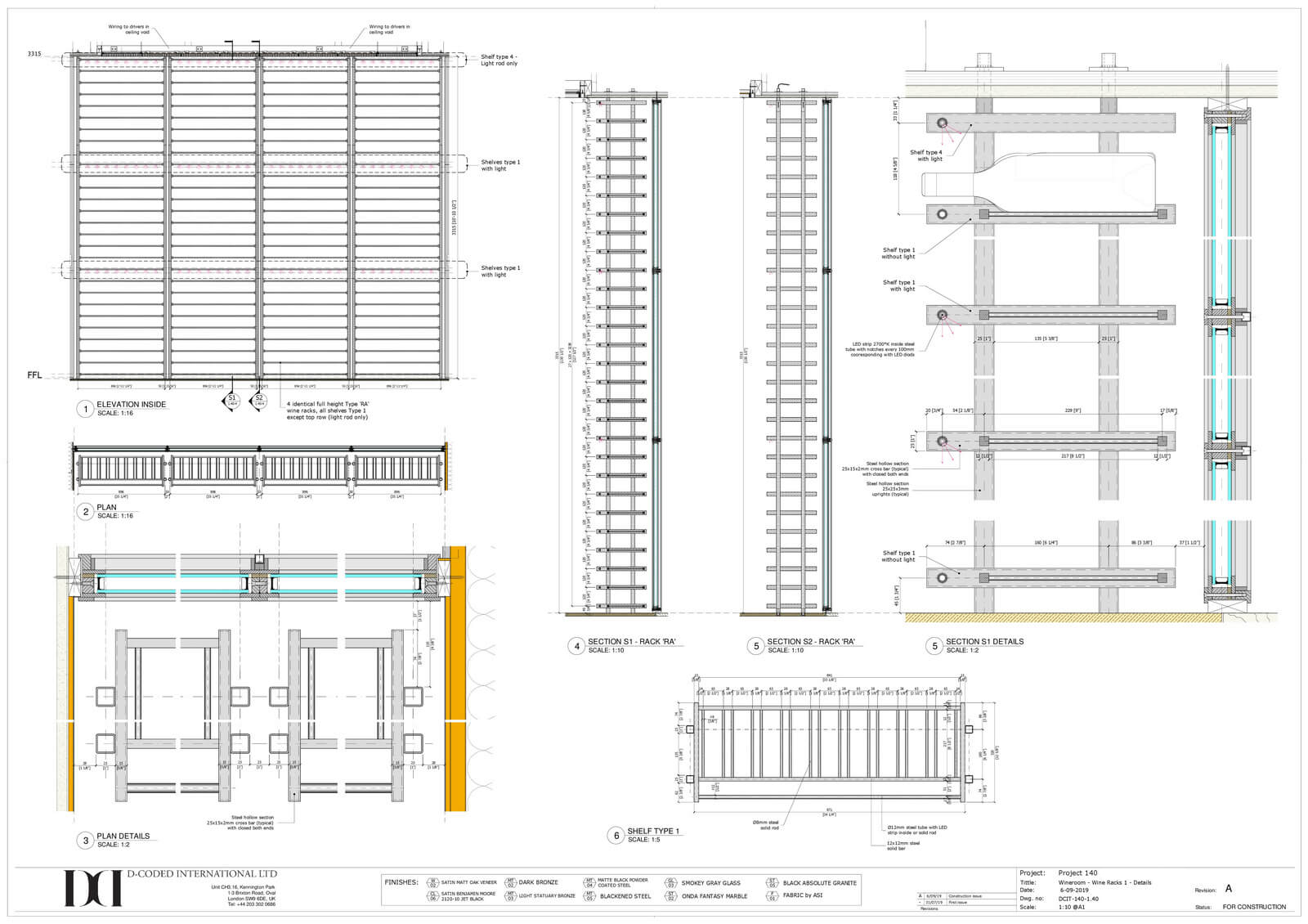 Detailed shop drawing of custom wine racks in a wine room, showcasing elevation, plan, and section views, emphasizing precision in millwork design by DeCoded International Group.