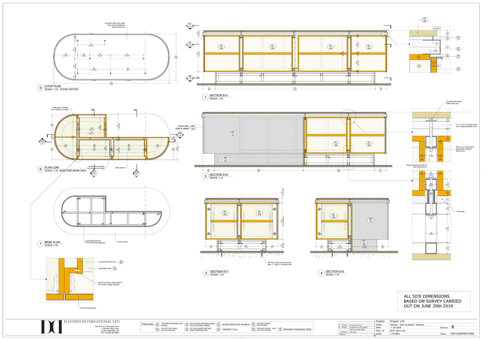 Detailed drafting plan for a kitchen serving island, showcasing dimensions, sections, and design elements relevant to custom millwork projects by DeCoded International Group.
