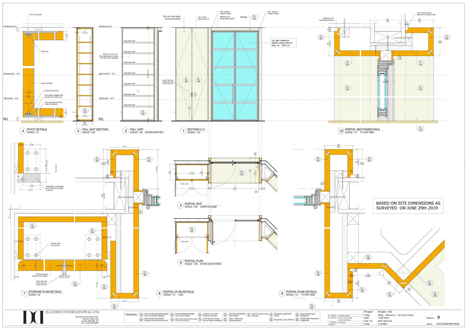 Detailed architectural millwork drawing showcasing office design elements, including tall unit sections, pivot details, and portal specifications, reflecting precision craftsmanship by DeCoded International Group.