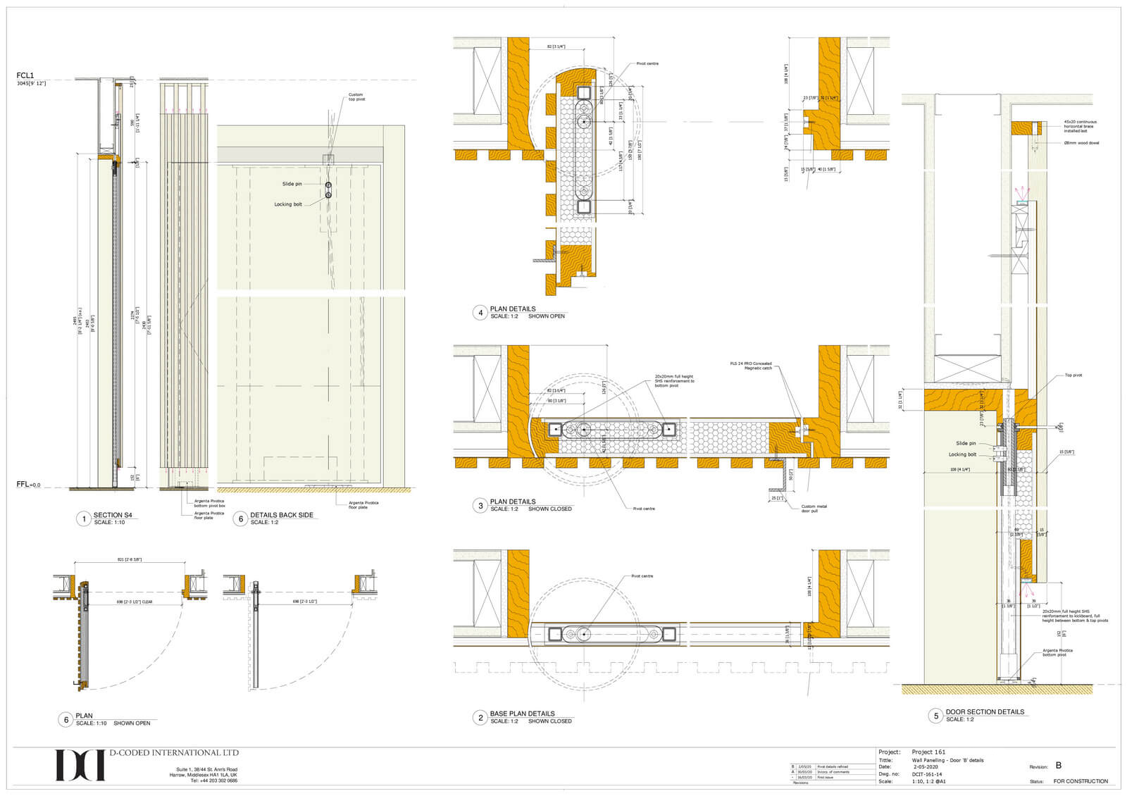 Detailed architectural drawing of door B, showcasing wall paneling, section views, and locking mechanisms, relevant to custom millwork and design precision by DeCoded International Group.
