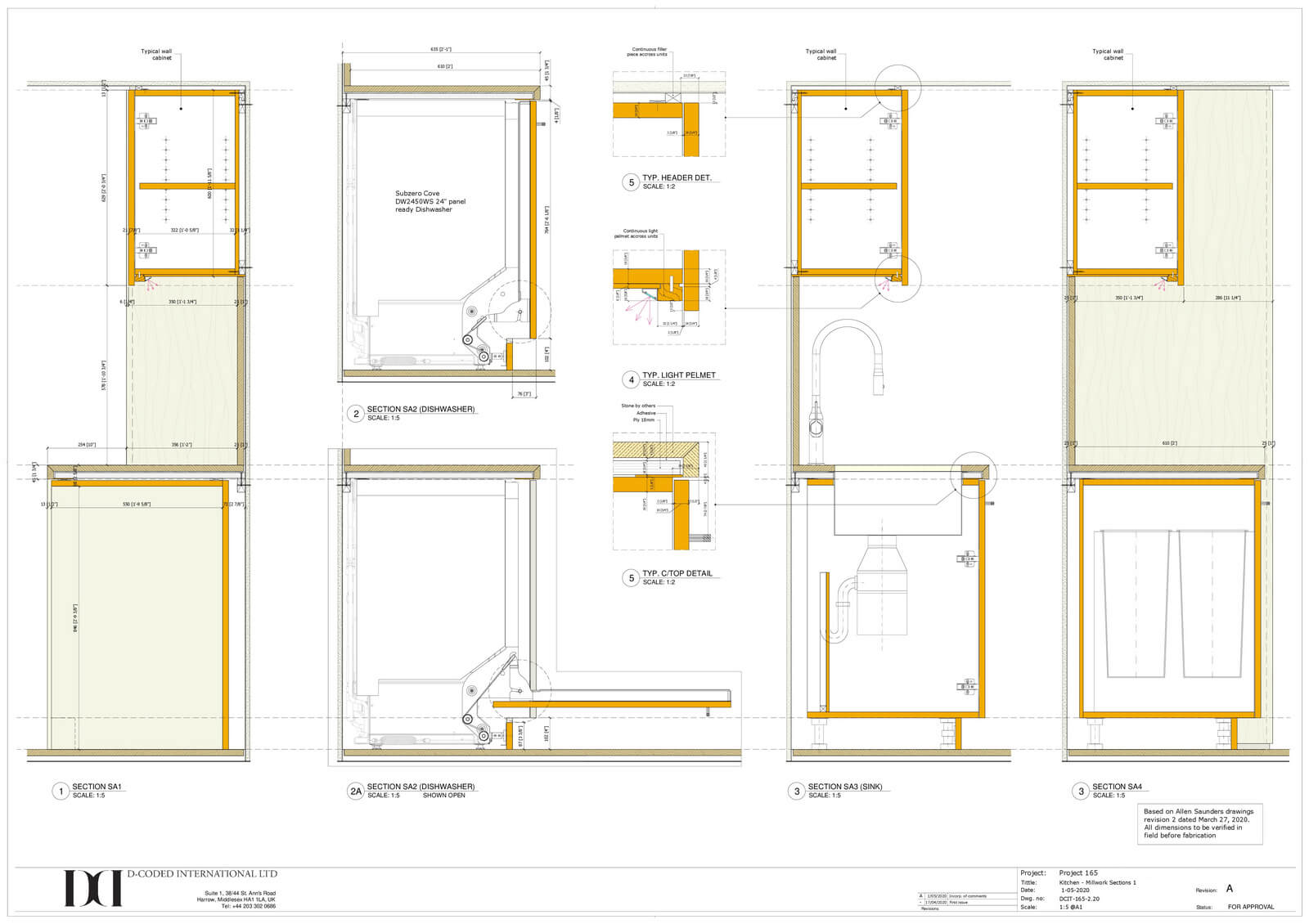 Kitchen millwork sections illustrating detailed cabinetry designs, including dishwasher, sink, and countertop details, emphasizing craftsmanship and precision in custom millwork by DeCoded International Group.